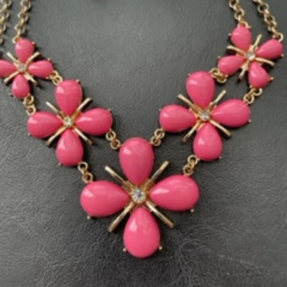 Gold tone necklace & matching earrings with pink stones & clear rhinestones